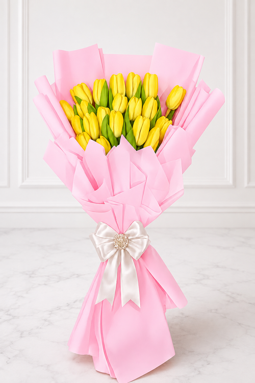 20 Yellow Tulip Bouquet with White Bow