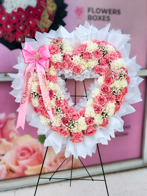 Corazón funerario sin relleno ~ Rosa y blanco