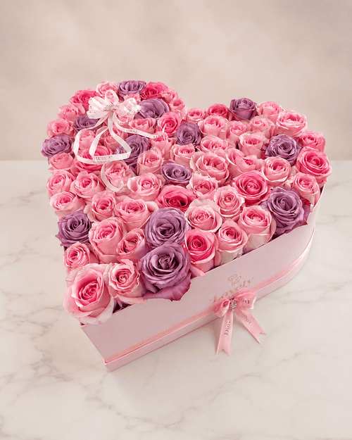 75 Pink Roses Heart Box