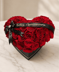 50 Red Roses in heart shape + heart box