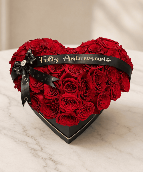 50 Red Roses in heart shape + heart box
