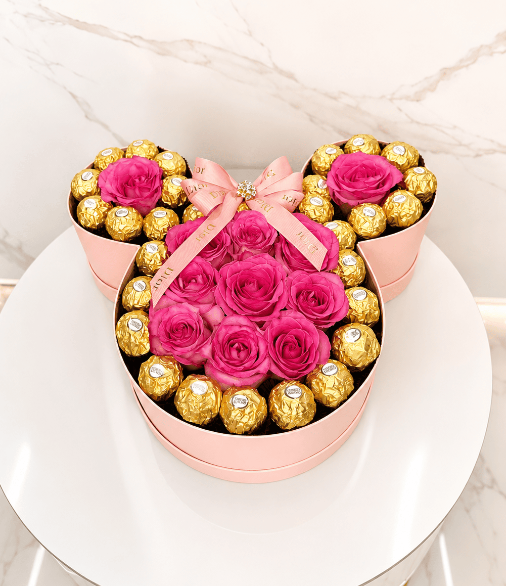 Pink Mickey box Roses & Ferrero Chocolate