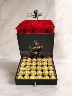 Flat Red Roses & Chocolates Black Drawer Box