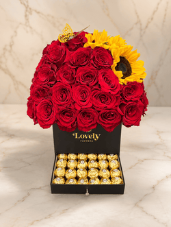 Black Drawer Box with Red Roses, Sunflowers & Chocolates
