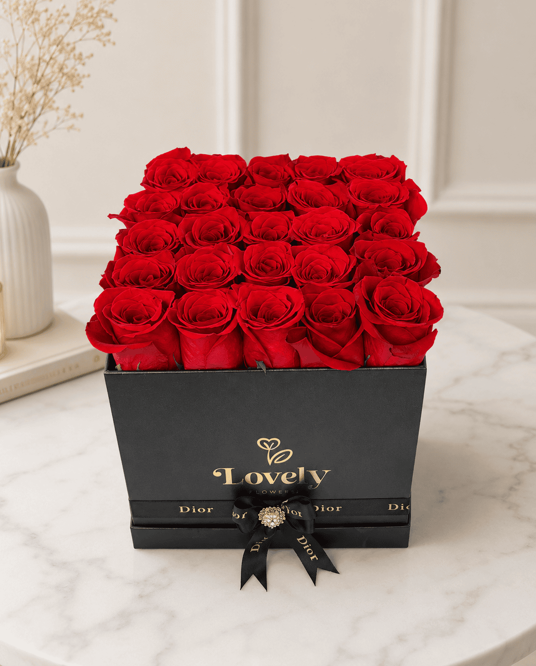 Black Square Box with 25 Red Roses