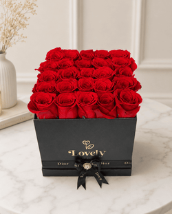 Black Square Box with 25 Red Roses