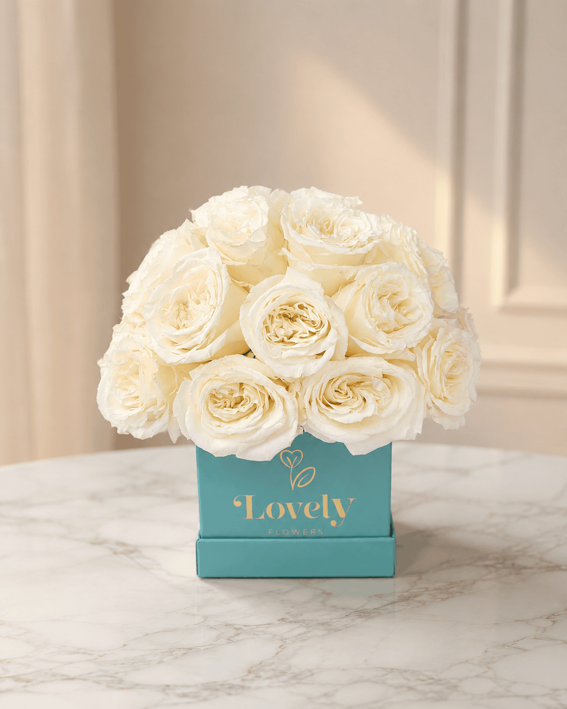 Elegant Small Tiffany Square Box with 25 White Roses