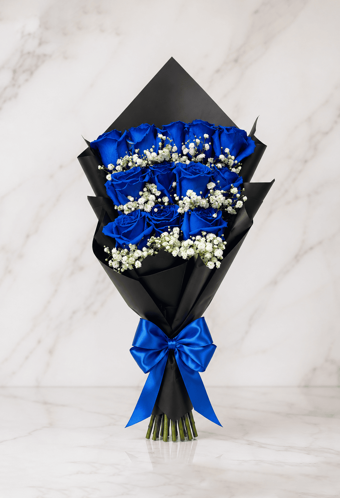12 Blue Roses + Baby Breath