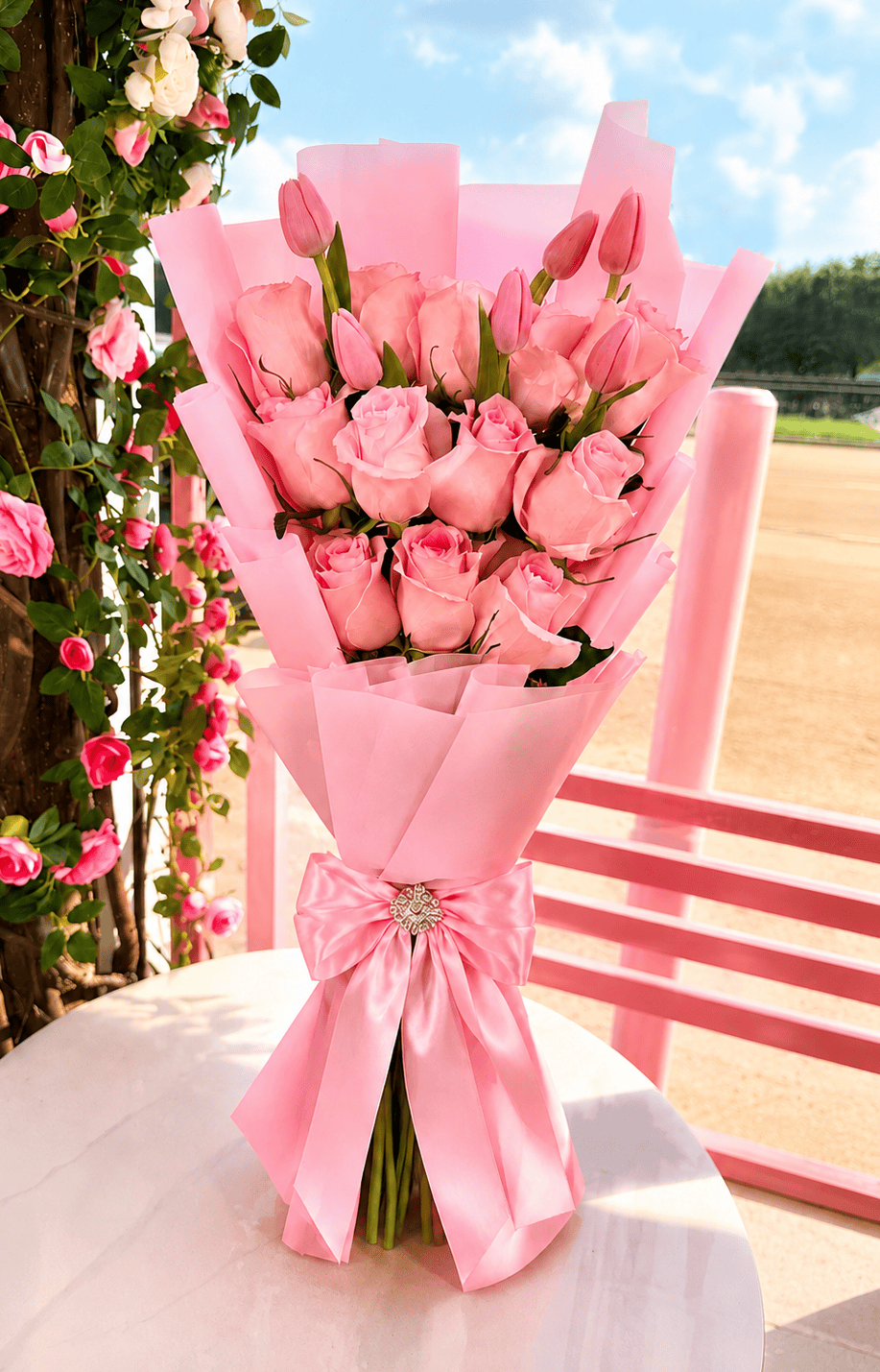 12 Pink Flat Roses + Tulips