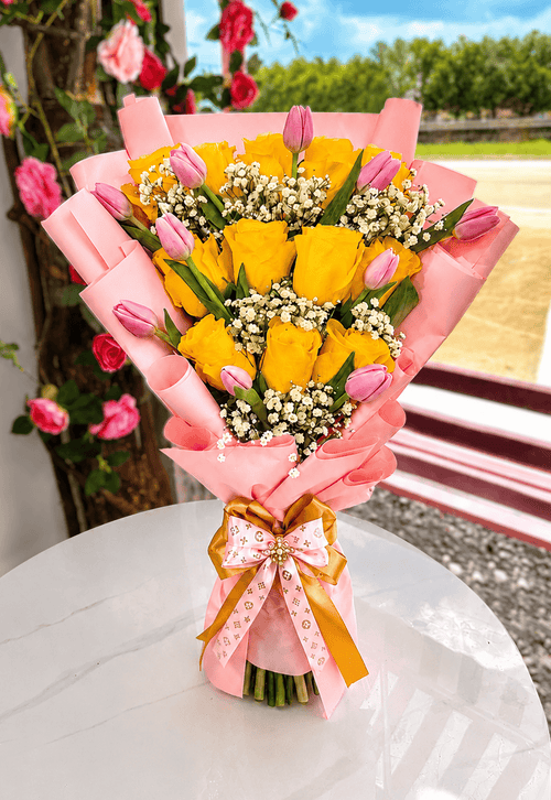 12 Yellow Roses + 10 Tulips + Baby breath