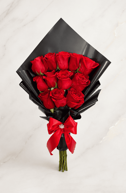 12 Flat Roses with All black Wrapping