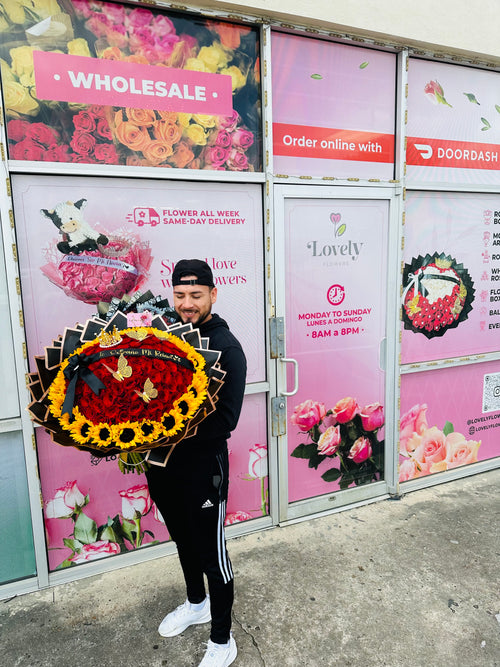 100 Red Roses + Sunflowers