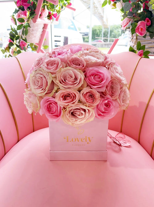 Elegant Pink Square Box with 25 Pink Roses