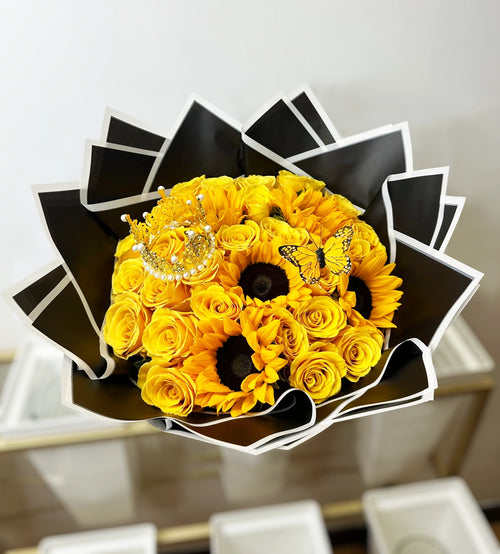 25 rosas amarillas + 6 girasoles