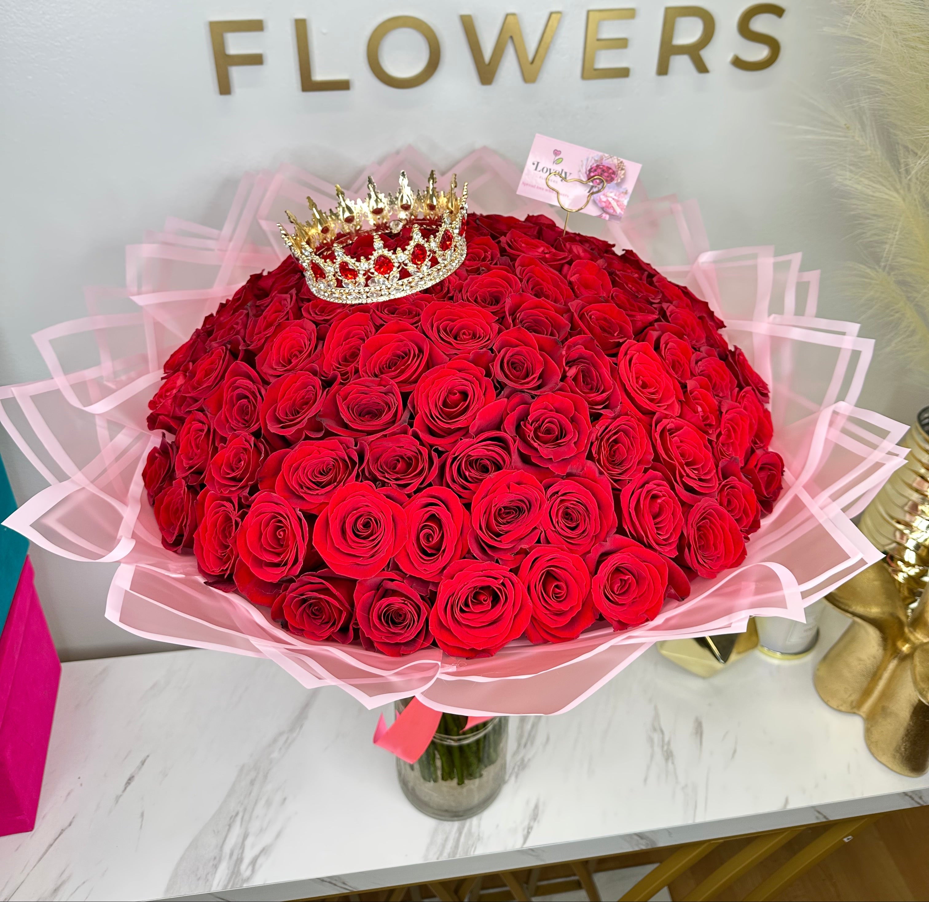 Red Roses Pink Ribbon 100 Red Roses Pink Wrapping – Lovely Flowers