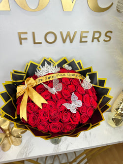 75 Red Roses with Gold & Black Paper