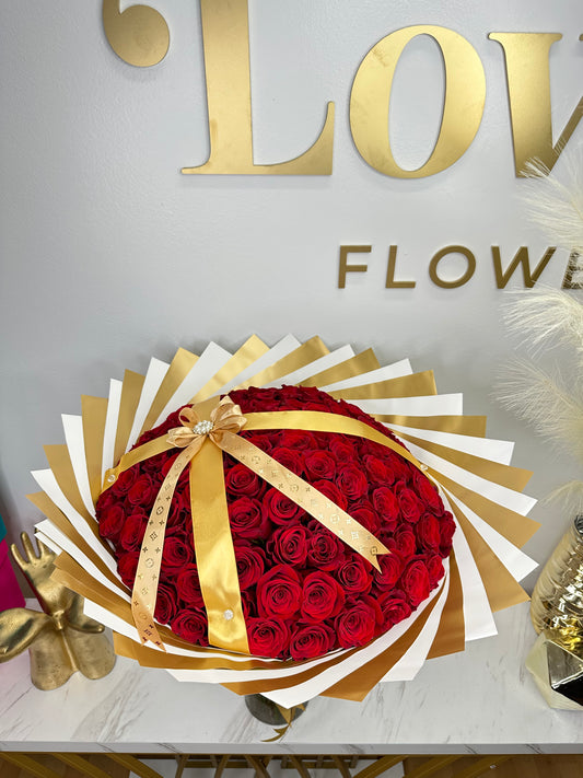 100 Red Roses with Gold And White Paper