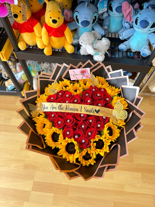 25 Red Roses Heart Shape + Sunflowers