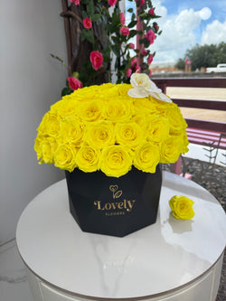 Everlasting Yellow Roses in Diamond Black Box