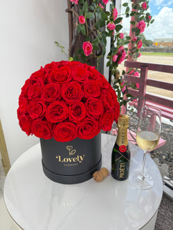 50 Red Eternity Roses in Round Black Box