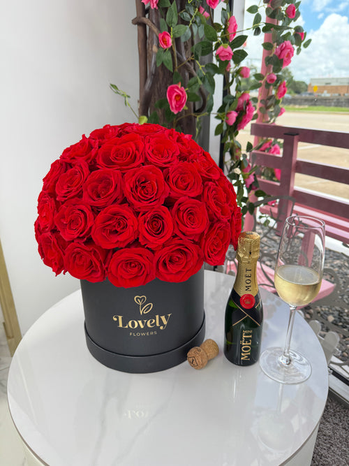 50 Red Eternity Roses in Round Black Box