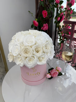 Pink Box Dome White Everlasting Roses