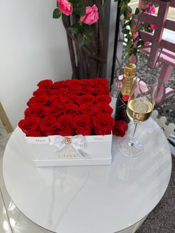 25 Red Roses in White square box