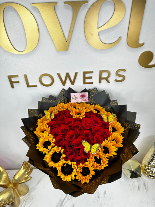 25 Red Roses Heart Shape + Sunflowers