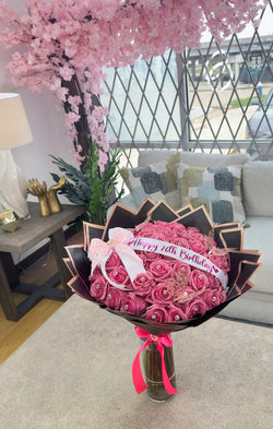 25 Pink Glitter Roses +Banner