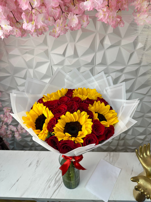 25 Red Roses & Sunflowers