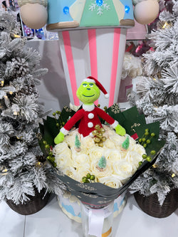 25 White Roses + Grinch Christmas Bouquet