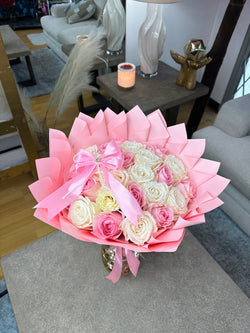 25 Roses White and Pink with Bow