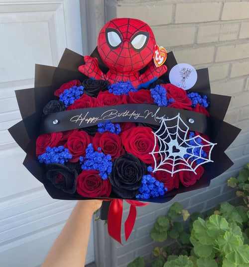 25 Roses Blue + Black + Red + Spiderman + Banner