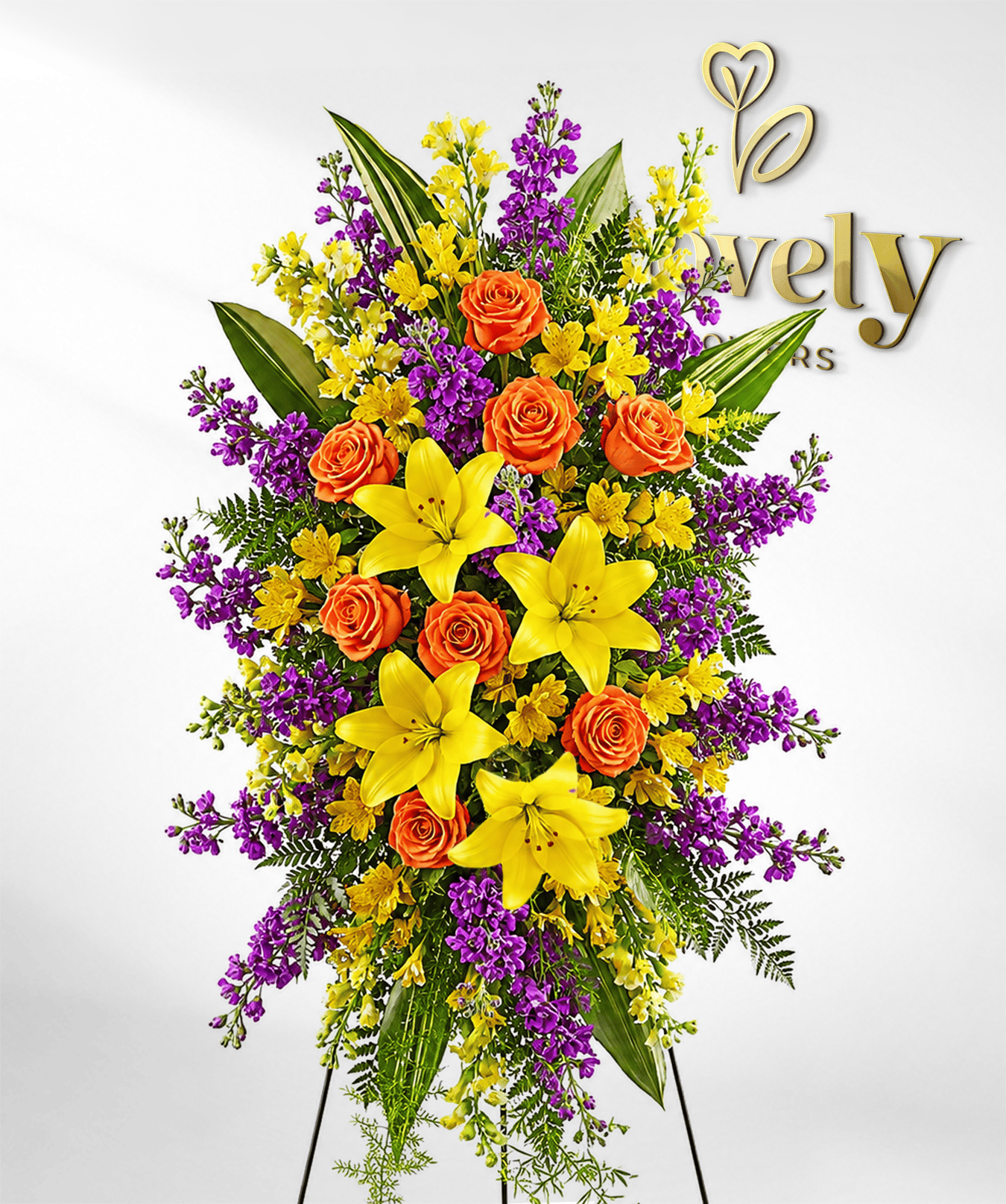 Orange Roses, Yellow Lilies & Purple Stock Standing Spray