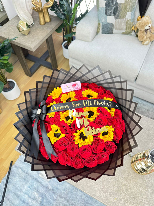 100 Red Roses + Sunflowers