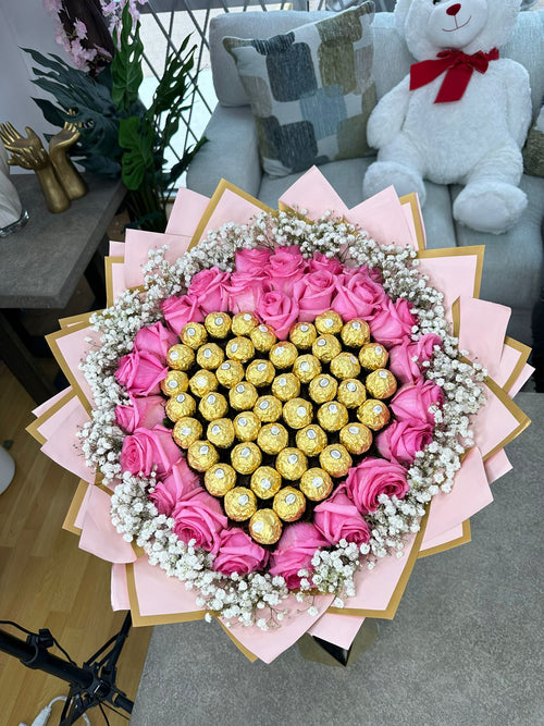 25 Pink Roses + Chocolate Heart