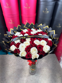 50 Roses White and Red + Banner
