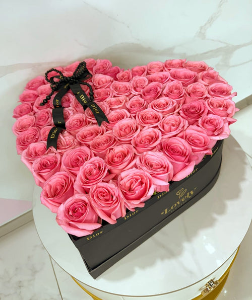 Medium Black Heart Box with 100 Pink Roses
