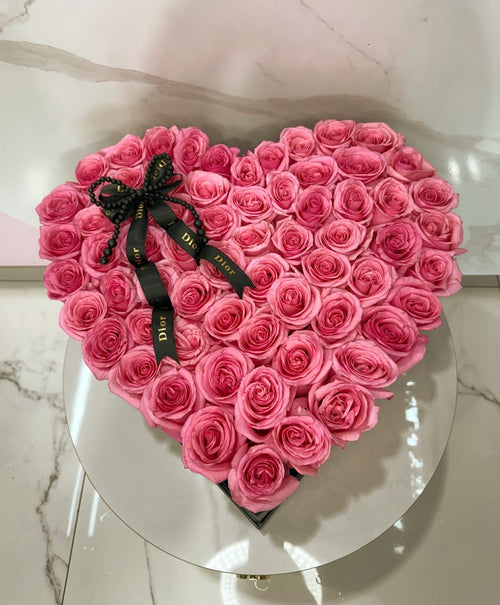 Medium Black Heart Box with 100 Pink Roses