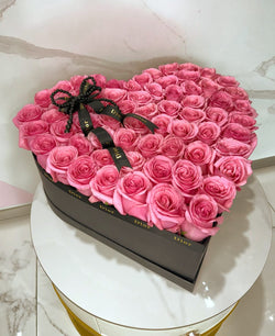 Medium Black Heart Box with 100 Pink Roses