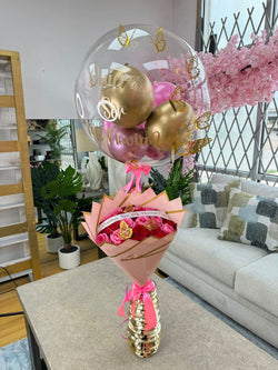 25 Pink & Red Roses + Personalized Balloon