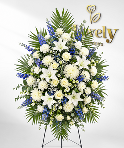 Standing Sympathy Floral Arrangement with White Lilies & Blue Delphinium