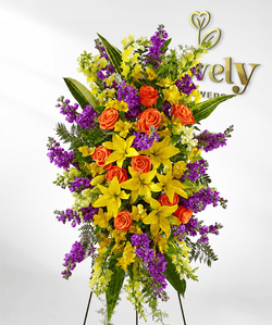 Orange Roses, Yellow Lilies & Purple Stock Standing Spray