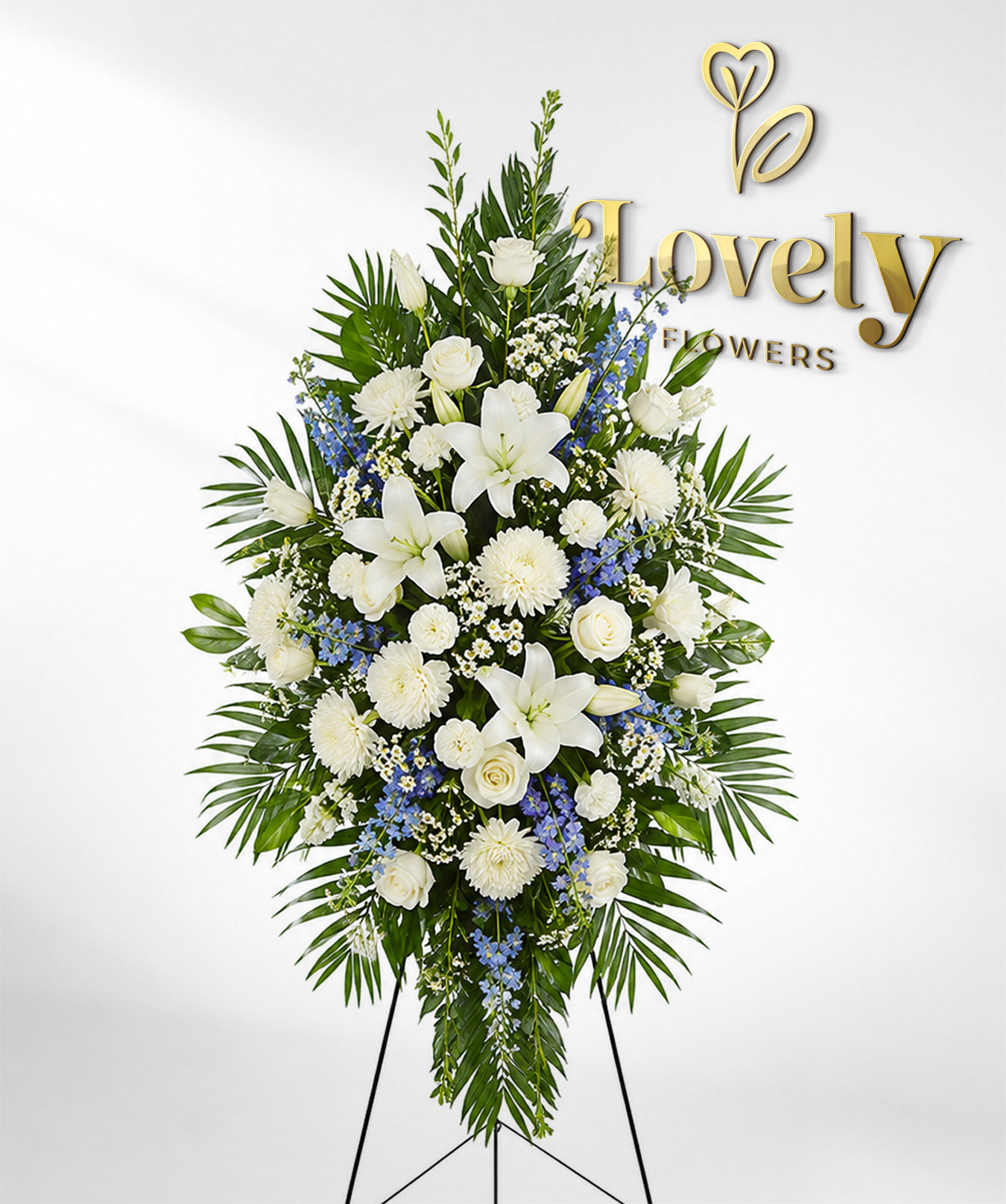 Standing Sympathy Floral Arrangement with White Lilies & Blue Delphinium