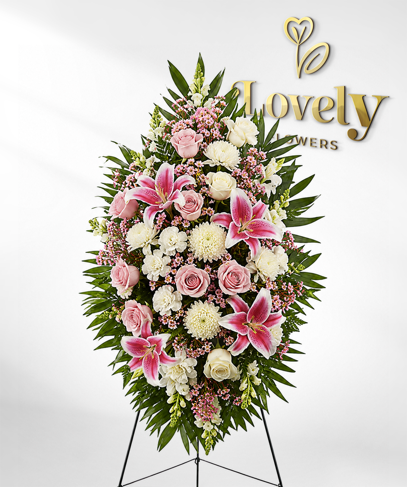 Standing Sympathy Arrangement with Pink Roses & Stargazer Lilies