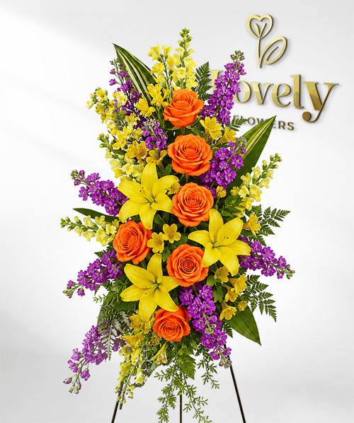 Orange Roses, Yellow Lilies & Purple Stock Standing Spray