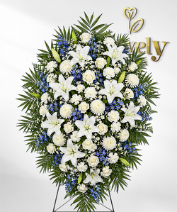 Standing Sympathy Floral Arrangement with White Lilies & Blue Delphinium