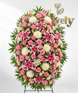 Standing Sympathy Arrangement with Pink Roses & Stargazer Lilies