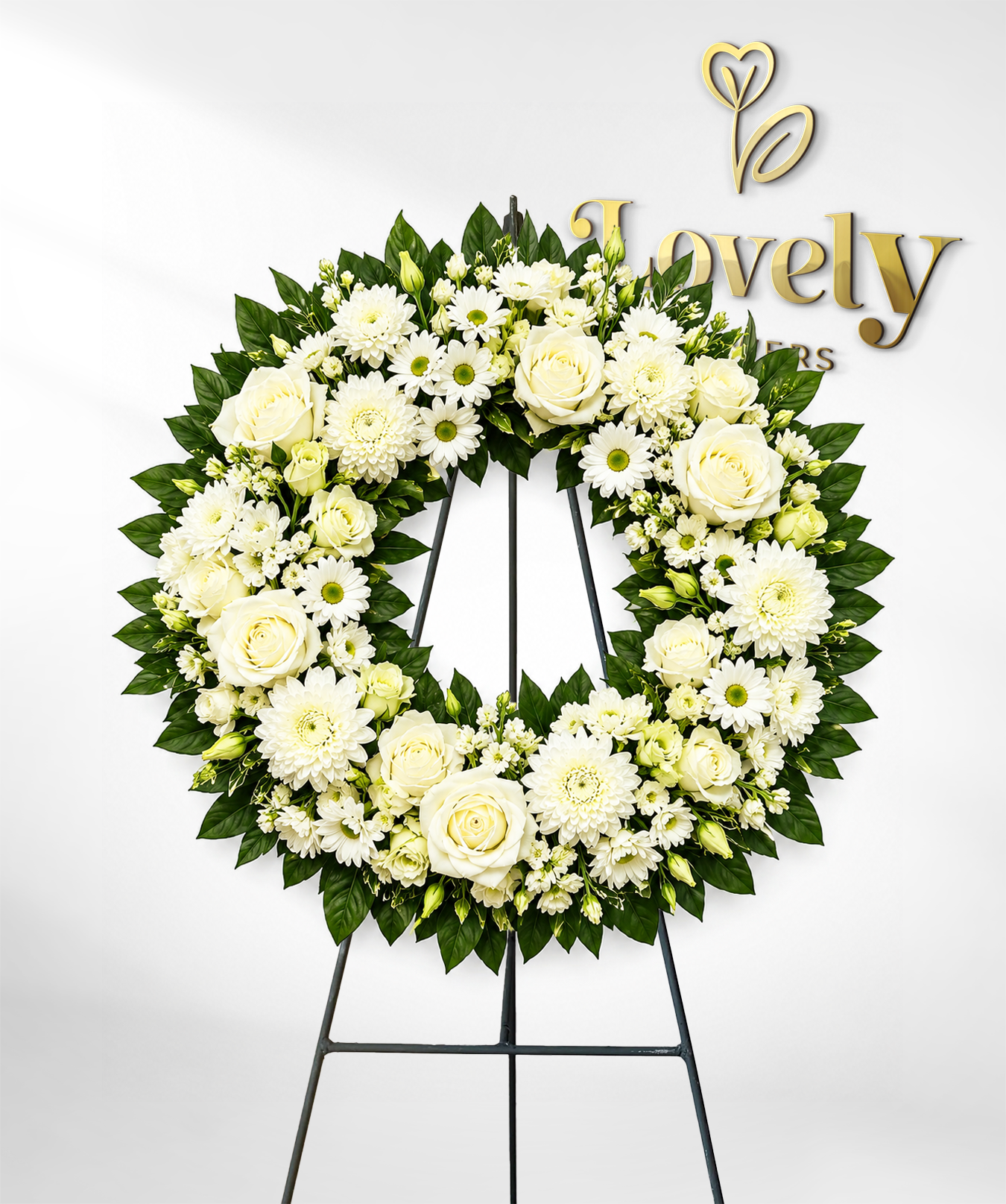 Luxury White Rose Funeral Wreath with Greenery