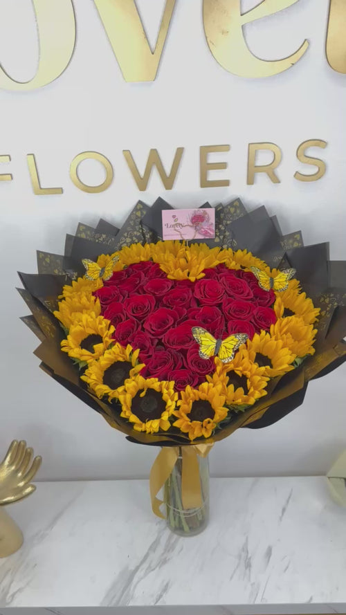 25 Red Roses Heart Shape + Sunflowers